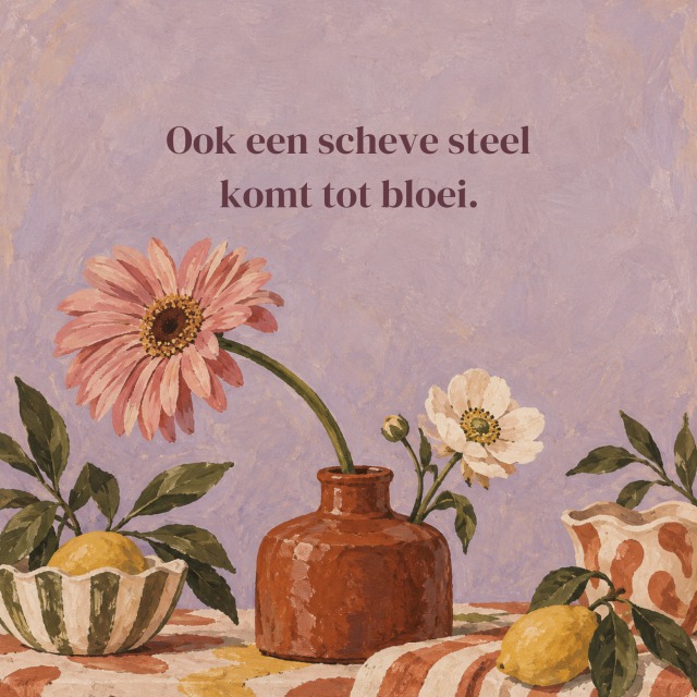 Ook een scheve steel komt tot bloei.