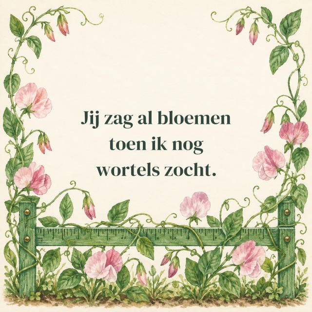 Jij zag al bloemen toen ik nog wortels zocht.