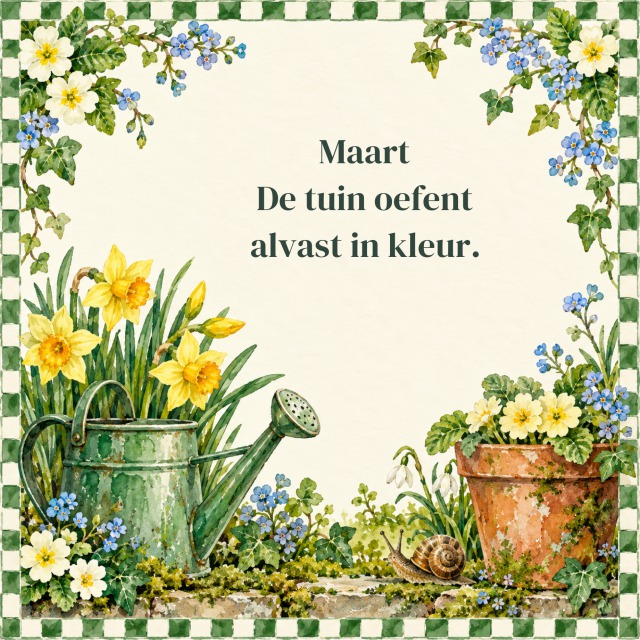 Maart De tuin oefent alvast in kleur.