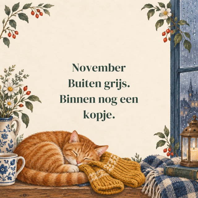November Buiten grijs. Binnen nog een kopje.