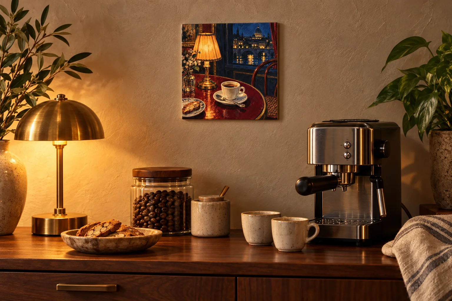 Nachtcafé-tegeltje aan de muur bij een koffiemachine en warme tafellamp.