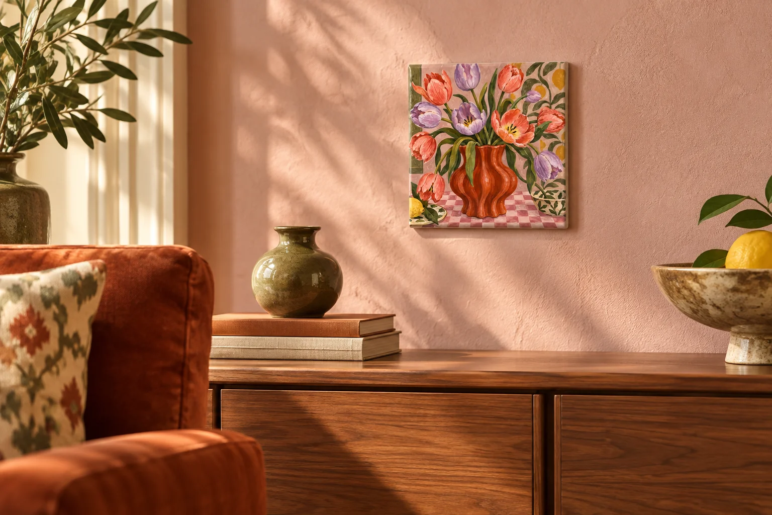 Tulpen-tegeltje aan een roze muur boven een houten kast in een warme woonkamer.